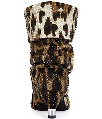 Azalea Wang Grimes Leopard Print Rhinestone Point Toe Slouch Kitten Heel Boots