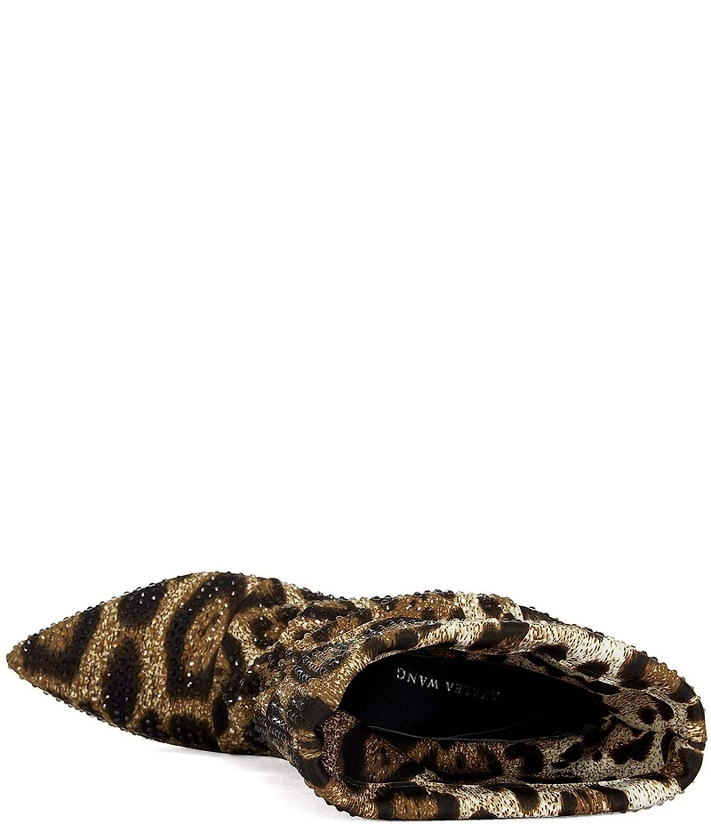 Azalea Wang Grimes Leopard Print Rhinestone Point Toe Slouch Kitten Heel Boots