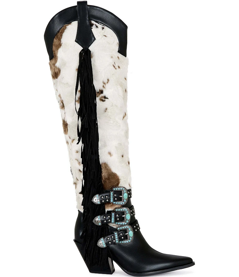 Azalea Wang Gwayne Cow Print Faux Fur Fringe Buckle Hardware Over The Knee Western Boots