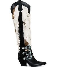 Azalea Wang Gwayne Cow Print Faux Fur Fringe Buckle Hardware Over The Knee Western Boots