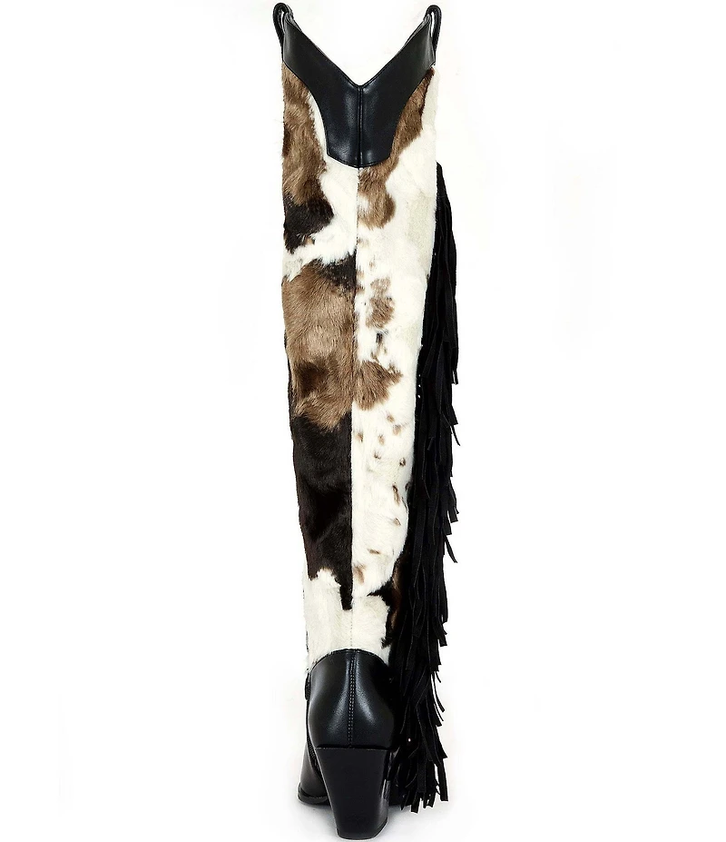 Azalea Wang Gwayne Cow Print Faux Fur Fringe Buckle Hardware Over The Knee Western Boots