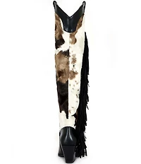 Azalea Wang Gwayne Cow Print Faux Fur Fringe Buckle Hardware Over The Knee Western Boots