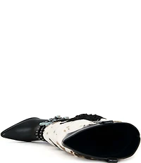 Azalea Wang Gwayne Cow Print Faux Fur Fringe Buckle Hardware Over The Knee Western Boots