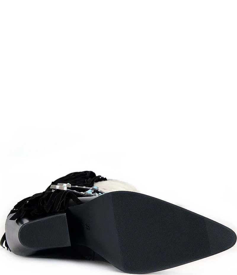 Azalea Wang Gwayne Cow Print Faux Fur Fringe Buckle Hardware Over The Knee Western Boots