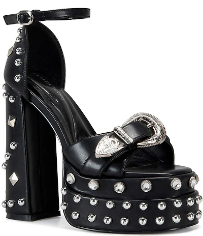 Azalea Wang Haiku Studded Embellished Platform Western Hardware Dress Sandals