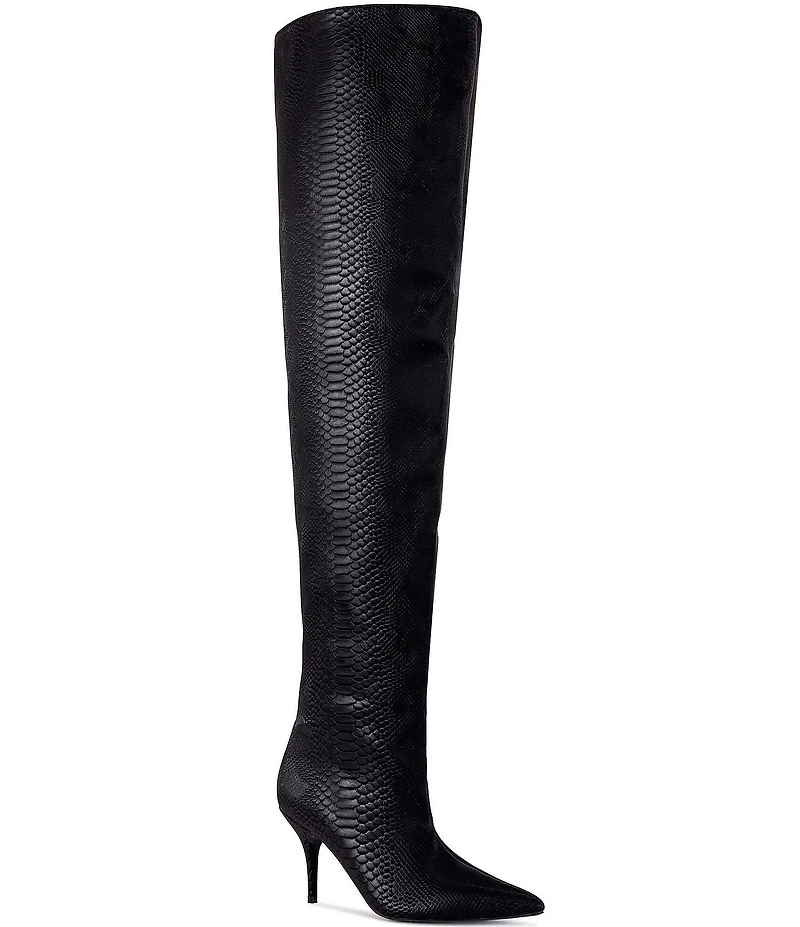 Azalea Wang Halina Snake Print Pointed Toe Thigh High Boots