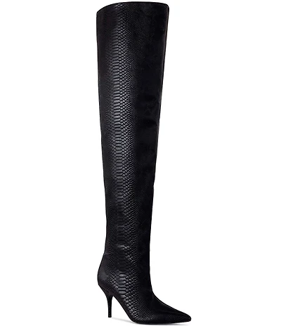 Azalea Wang Halina Snake Print Pointed Toe Thigh High Boots