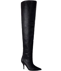 Azalea Wang Halina Snake Print Pointed Toe Thigh High Boots