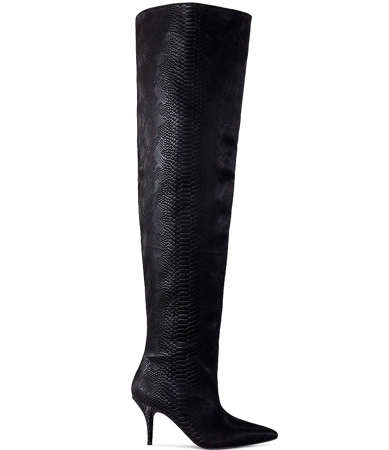 Azalea Wang Halina Snake Print Pointed Toe Thigh High Boots
