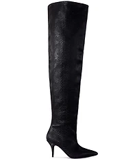 Azalea Wang Halina Snake Print Pointed Toe Thigh High Boots