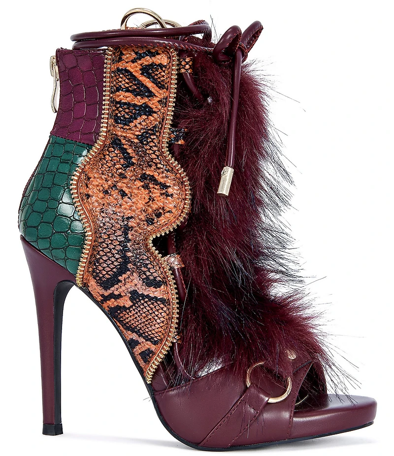 Azalea Wang Heather Croco and Snake Embossed Faux Fur Lace Up Ankle Booties