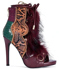 Azalea Wang Heather Croco and Snake Embossed Faux Fur Lace Up Ankle Booties