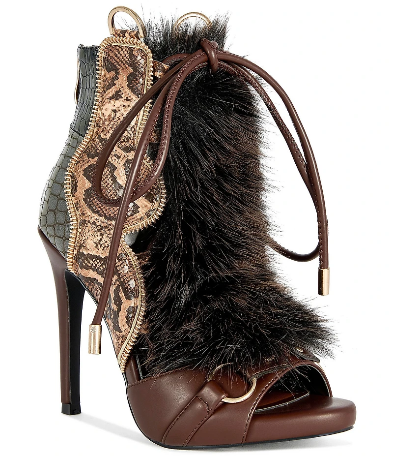 Azalea Wang Heather Croco and Snake Embossed Faux Fur Lace Up Ankle Booties