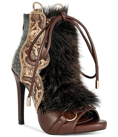 Azalea Wang Heather Croco and Snake Embossed Faux Fur Lace Up Ankle Booties