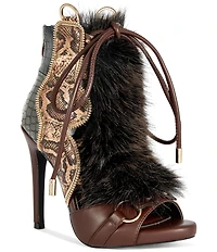 Azalea Wang Heather Croco and Snake Embossed Faux Fur Lace Up Ankle Booties