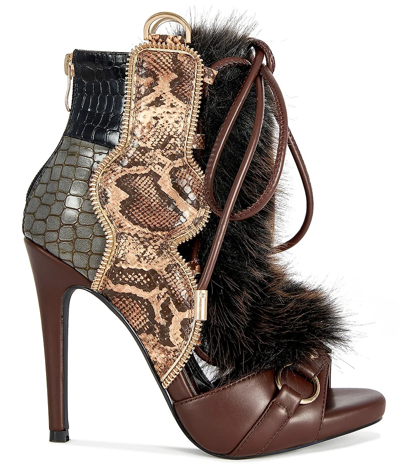 Azalea Wang Heather Croco and Snake Embossed Faux Fur Lace Up Ankle Booties