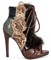 Azalea Wang Heather Croco and Snake Embossed Faux Fur Lace Up Ankle Booties