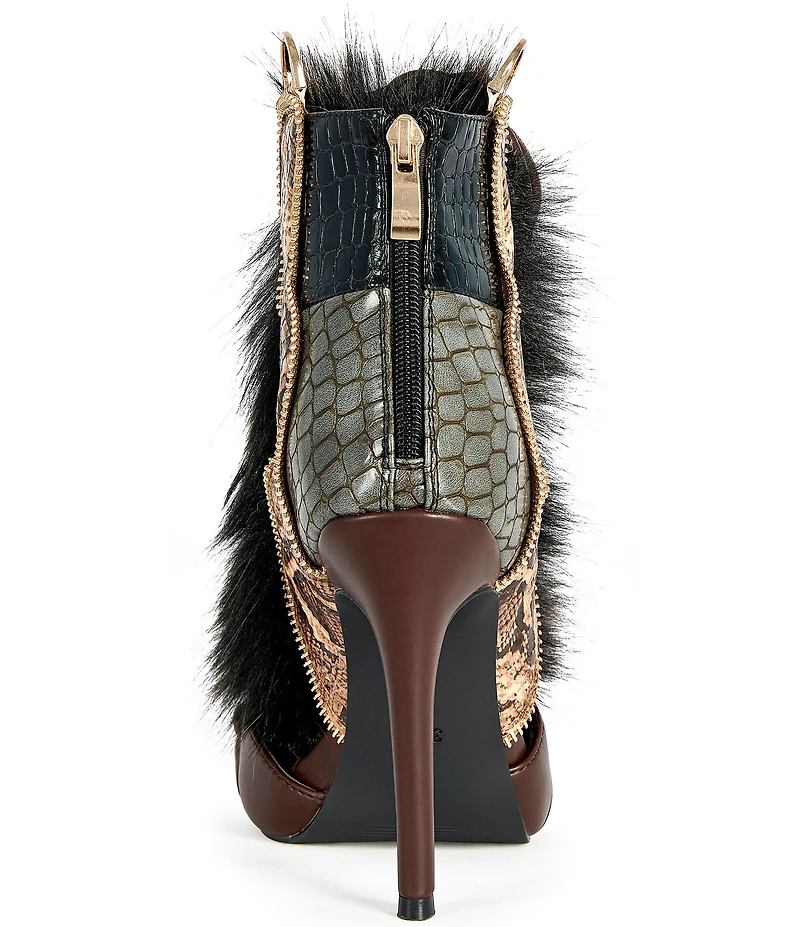 Azalea Wang Heather Croco and Snake Embossed Faux Fur Lace Up Ankle Booties