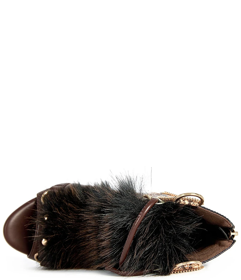 Azalea Wang Heather Croco and Snake Embossed Faux Fur Lace Up Ankle Booties