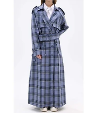 Azalea Wang Hobbs Plaid Pattern Notch Collar Belted Button Front Trench Jacket