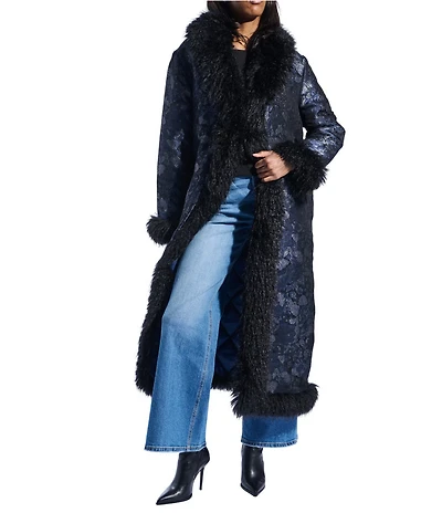 Azalea Wang IIsla Navy Brocade Shawl Collared Faux Fur Trim Oversize Trench Coat