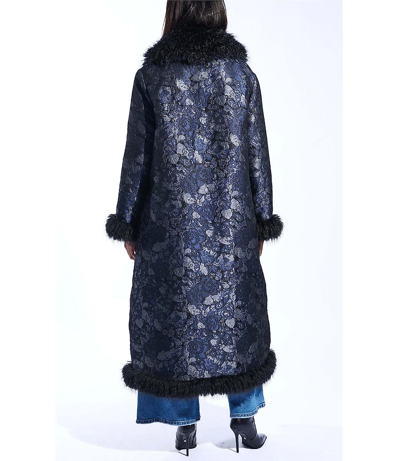Azalea Wang IIsla Navy Brocade Shawl Collared Faux Fur Trim Oversize Trench Coat