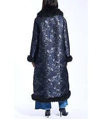 Azalea Wang IIsla Navy Brocade Shawl Collared Faux Fur Trim Oversize Trench Coat
