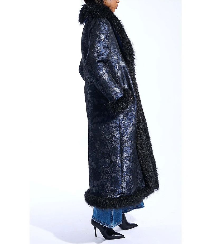 Azalea Wang IIsla Navy Brocade Shawl Collared Faux Fur Trim Oversize Trench Coat
