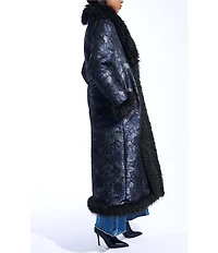 Azalea Wang IIsla Navy Brocade Shawl Collared Faux Fur Trim Oversize Trench Coat