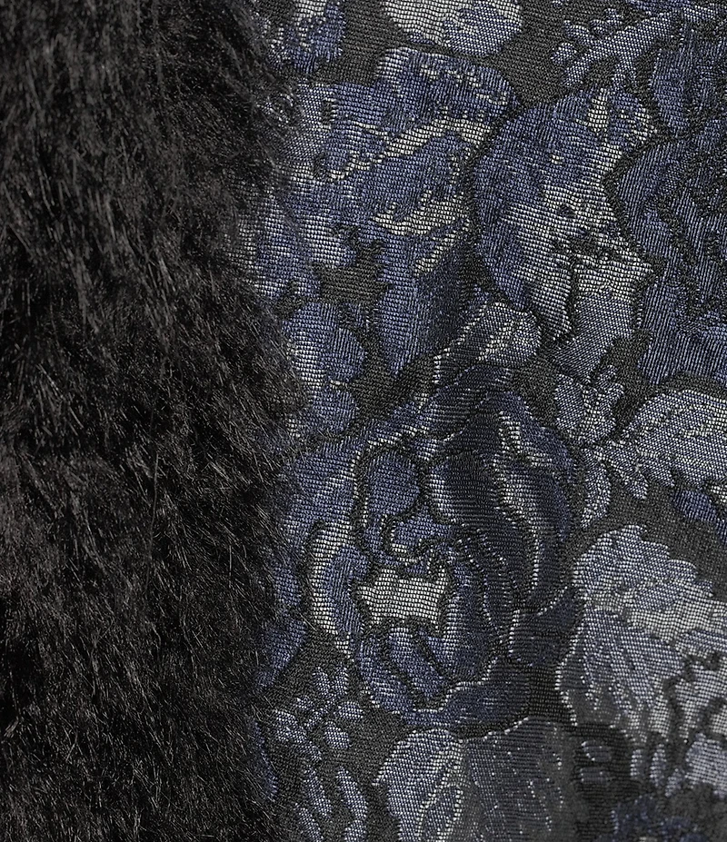 Azalea Wang IIsla Navy Brocade Shawl Collared Faux Fur Trim Oversize Trench Coat