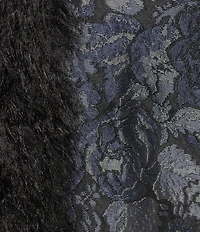 Azalea Wang IIsla Navy Brocade Shawl Collared Faux Fur Trim Oversize Trench Coat