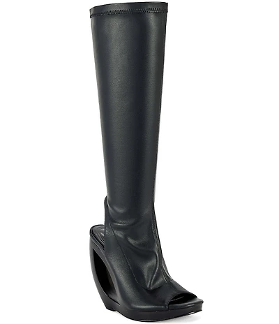 Azalea Wang Ilyssa Peep Toe Open Heel Open Rocker Wedge Tall Boots