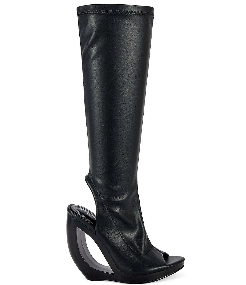 Azalea Wang Ilyssa Peep Toe Open Heel Open Rocker Wedge Tall Boots