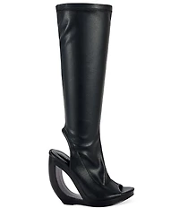 Azalea Wang Ilyssa Peep Toe Open Heel Open Rocker Wedge Tall Boots