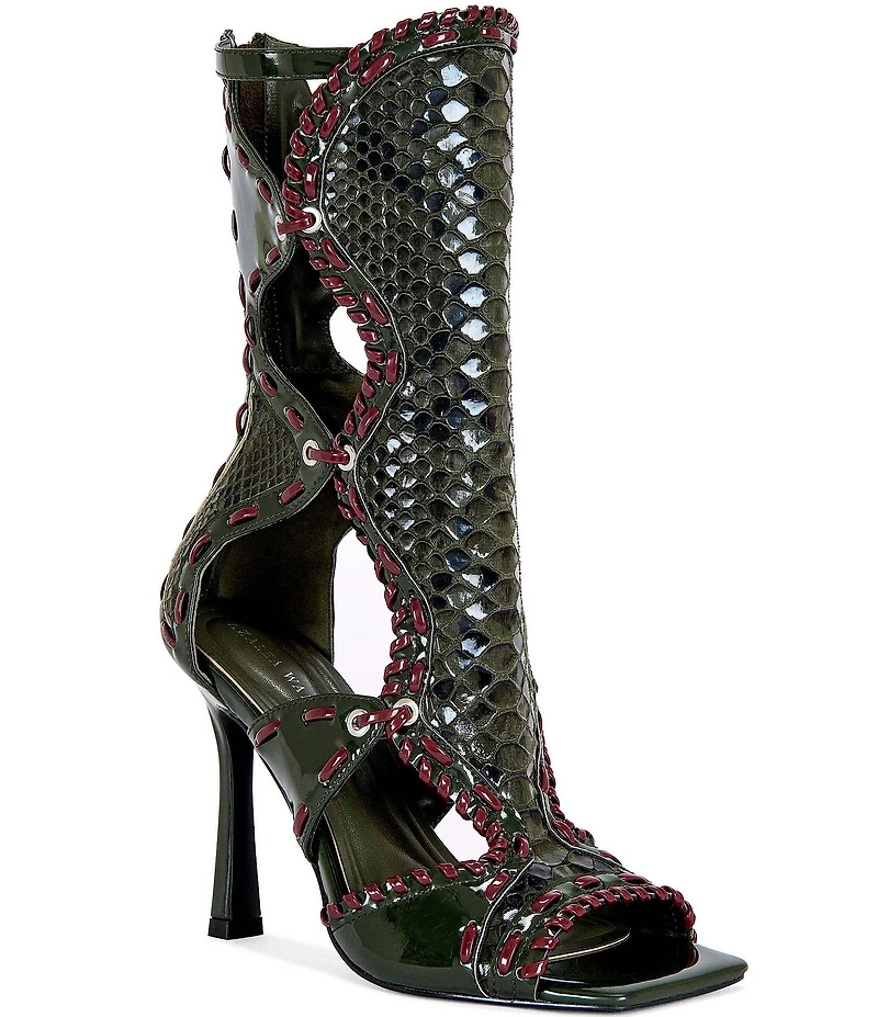 Azalea Wang Indrani Snake Print Open Toe Boots