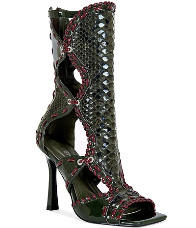 Azalea Wang Indrani Snake Print Open Toe Boots