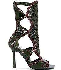 Azalea Wang Indrani Snake Print Open Toe Boots