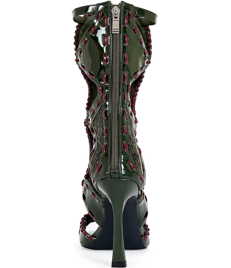 Azalea Wang Indrani Snake Print Open Toe Boots