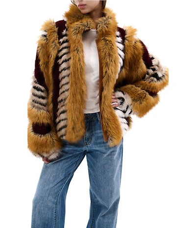 Azalea Wang Inez Faux Fur Animal Stripe Stand Collar Zip Front Jacket