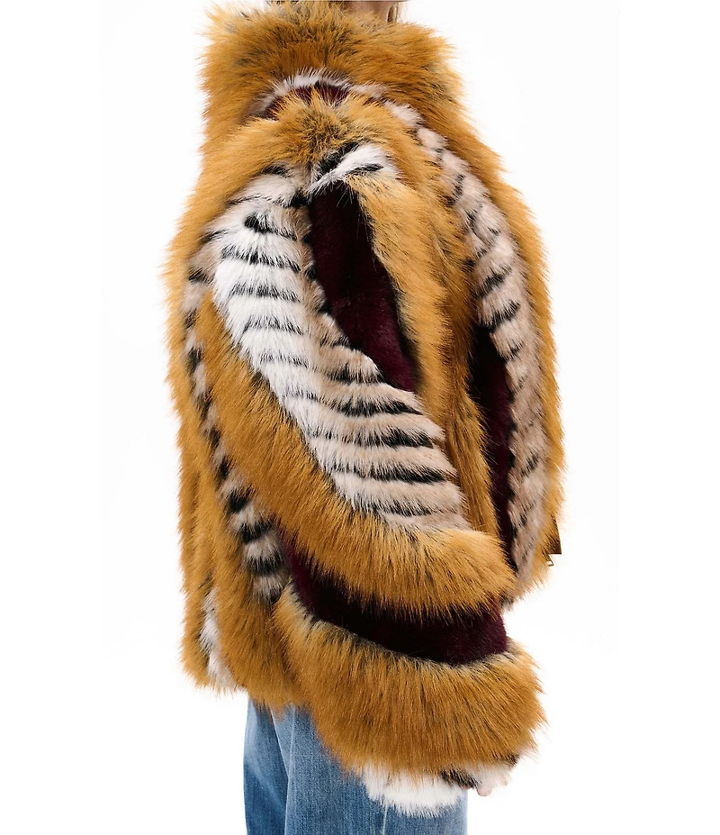 Azalea Wang Inez Faux Fur Animal Stripe Stand Collar Zip Front Jacket