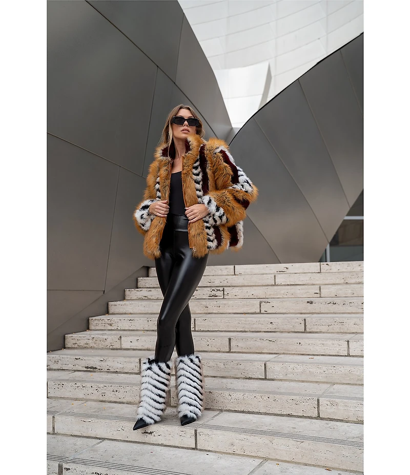 Azalea Wang Inez Faux Fur Animal Stripe Stand Collar Zip Front Jacket
