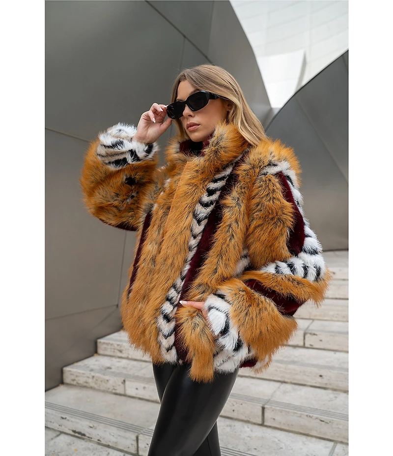 Azalea Wang Inez Faux Fur Animal Stripe Stand Collar Zip Front Jacket