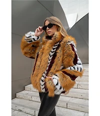 Azalea Wang Inez Faux Fur Animal Stripe Stand Collar Zip Front Jacket