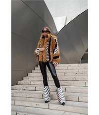 Azalea Wang Inez Faux Fur Animal Stripe Stand Collar Zip Front Jacket