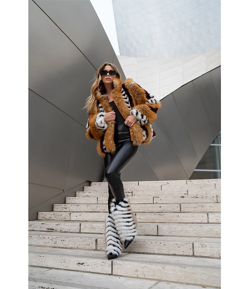 Azalea Wang Inez Faux Fur Animal Stripe Stand Collar Zip Front Jacket