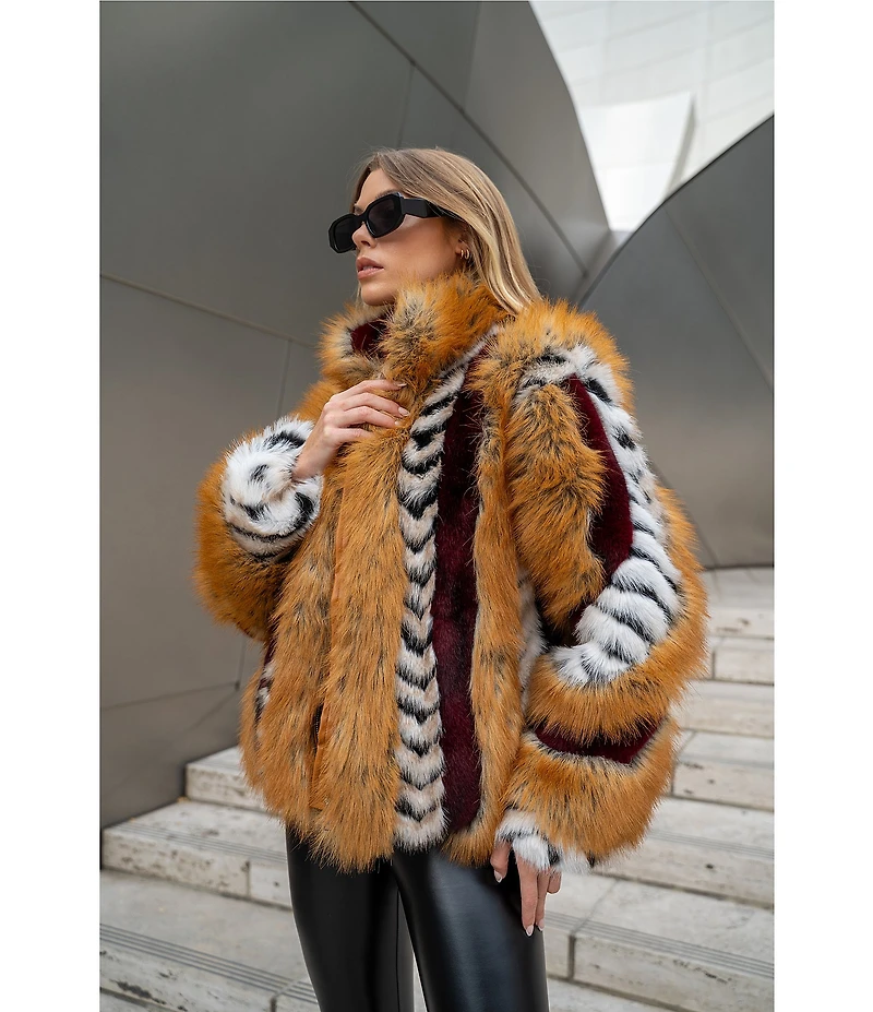 Azalea Wang Inez Faux Fur Animal Stripe Stand Collar Zip Front Jacket
