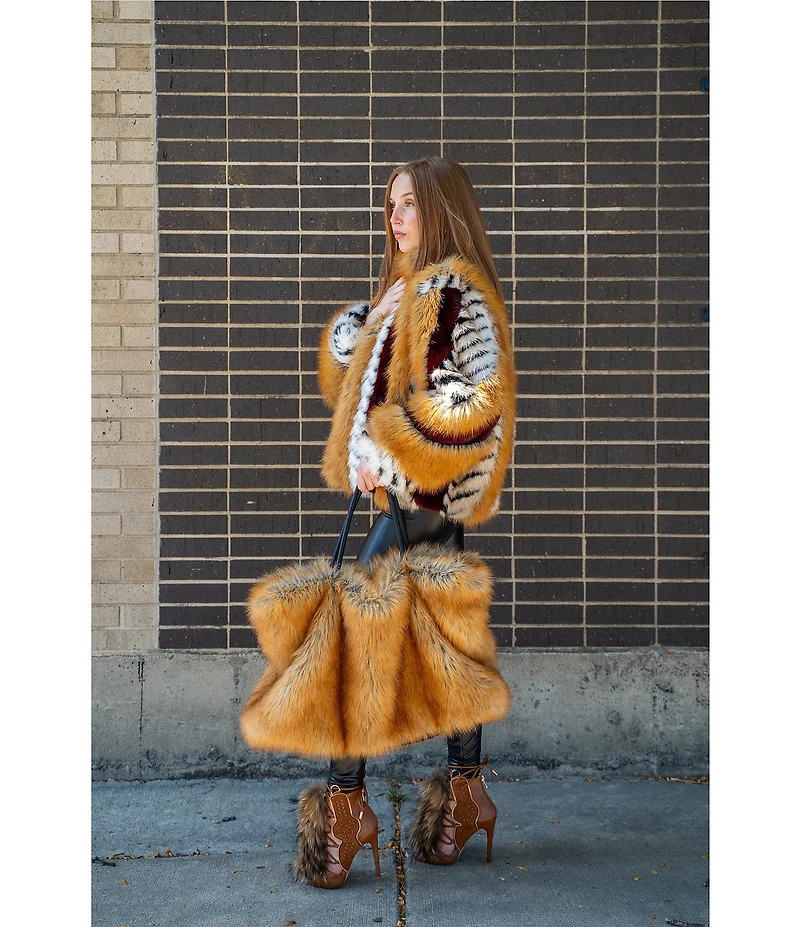 Azalea Wang Inez Faux Fur Animal Stripe Stand Collar Zip Front Jacket