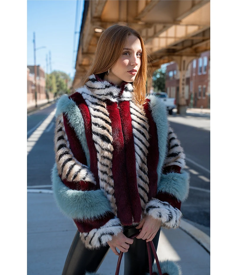 Azalea Wang Inez Striped Faux Fur Collared Filled Statement Jacket