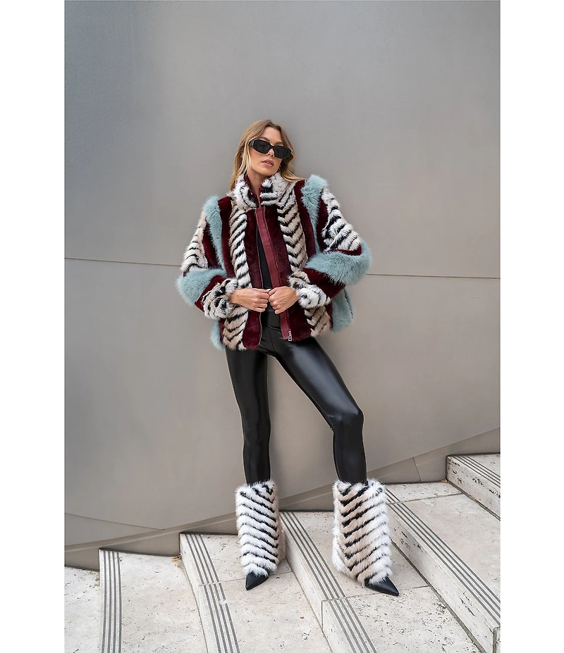 Azalea Wang Inez Striped Faux Fur Collared Filled Statement Jacket