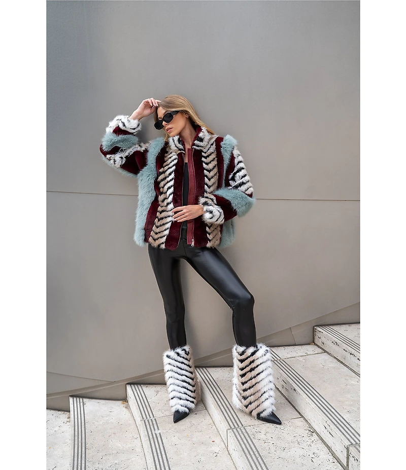 Azalea Wang Inez Striped Faux Fur Collared Filled Statement Jacket
